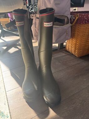 Hunter Olive Green Tall Rain Boots with Red Trim
